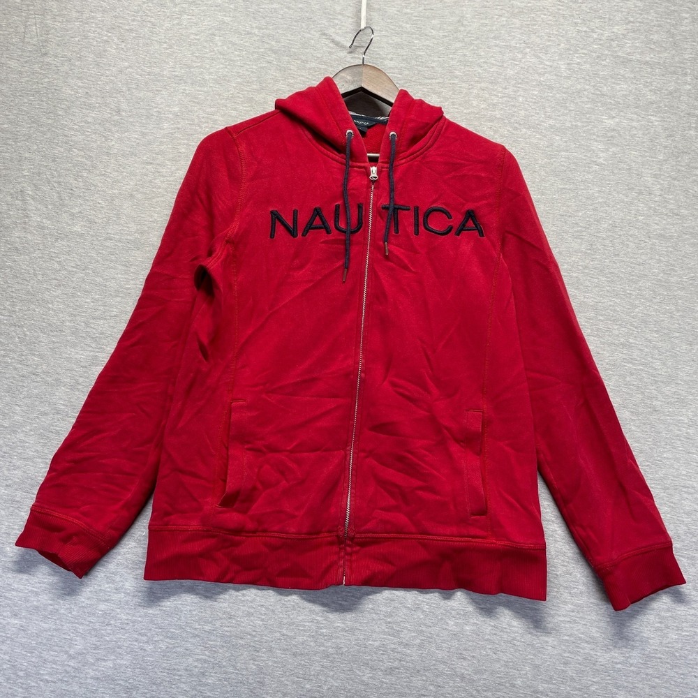 Nautica Hoodie Womens L Red Embroidered Logo Cotton Fleece Lined Full Zip Ribbed